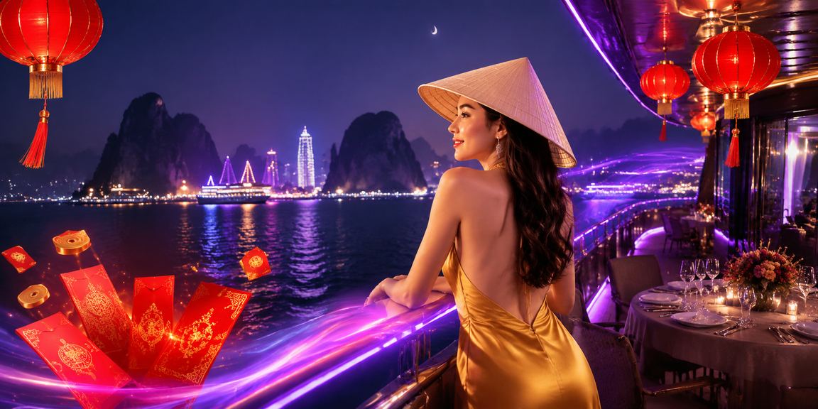 Người chơi săn jackpot tại vịnh Hạ Long với phong bì đỏ may mắn và nón lá truyền thống